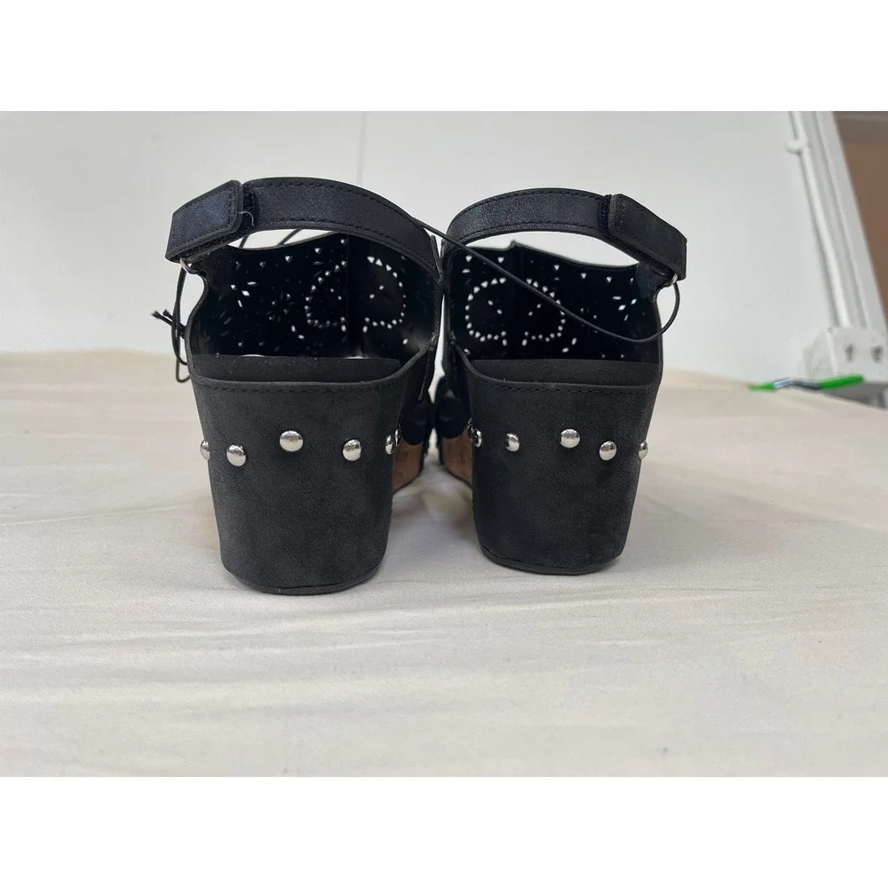 Pop Ellerie Womens Black Laser Cut Wedge Sandals Cork Platform Studded 10M NEW